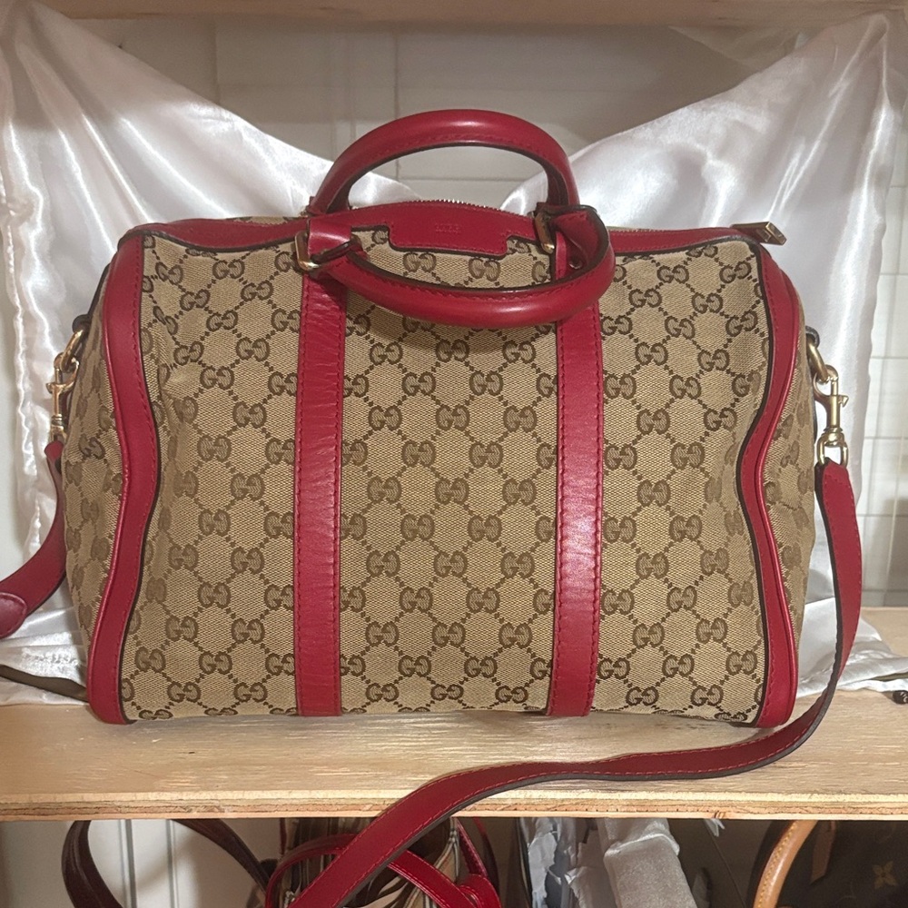 Gucci Brown GG Canvas Travel Boston Bag with Red Leather Trim